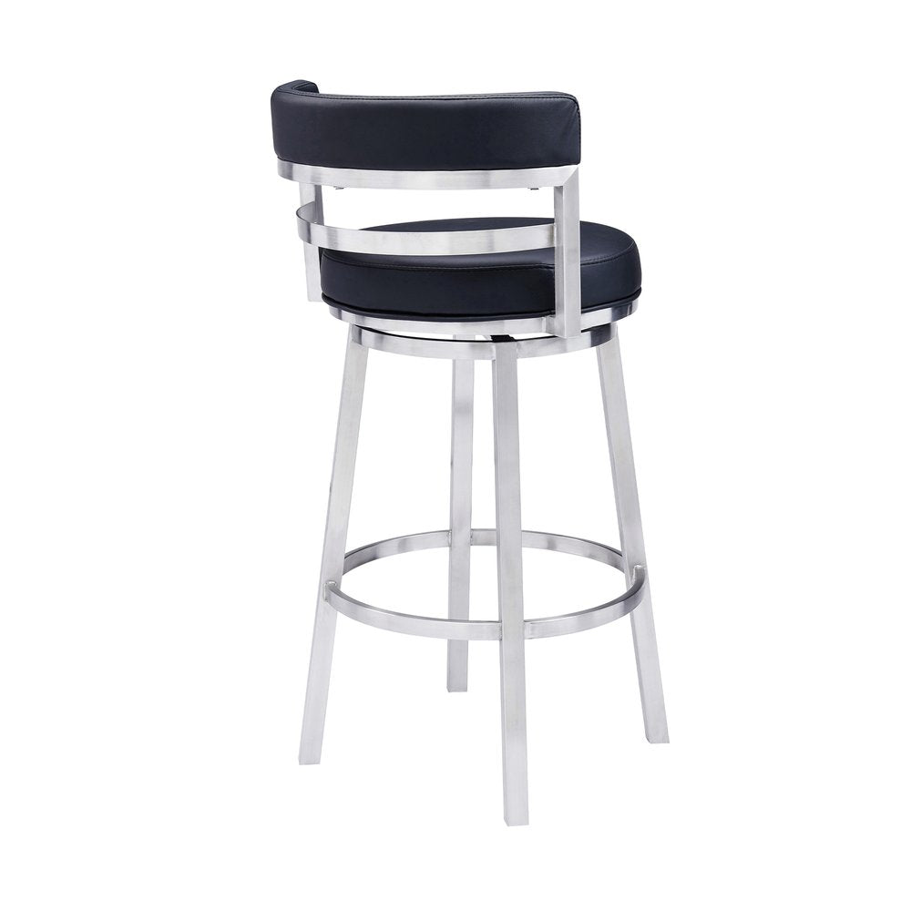 26" Black And Silver Faux Leather And Iron Low Back Counter Height Swivel Bar Chair