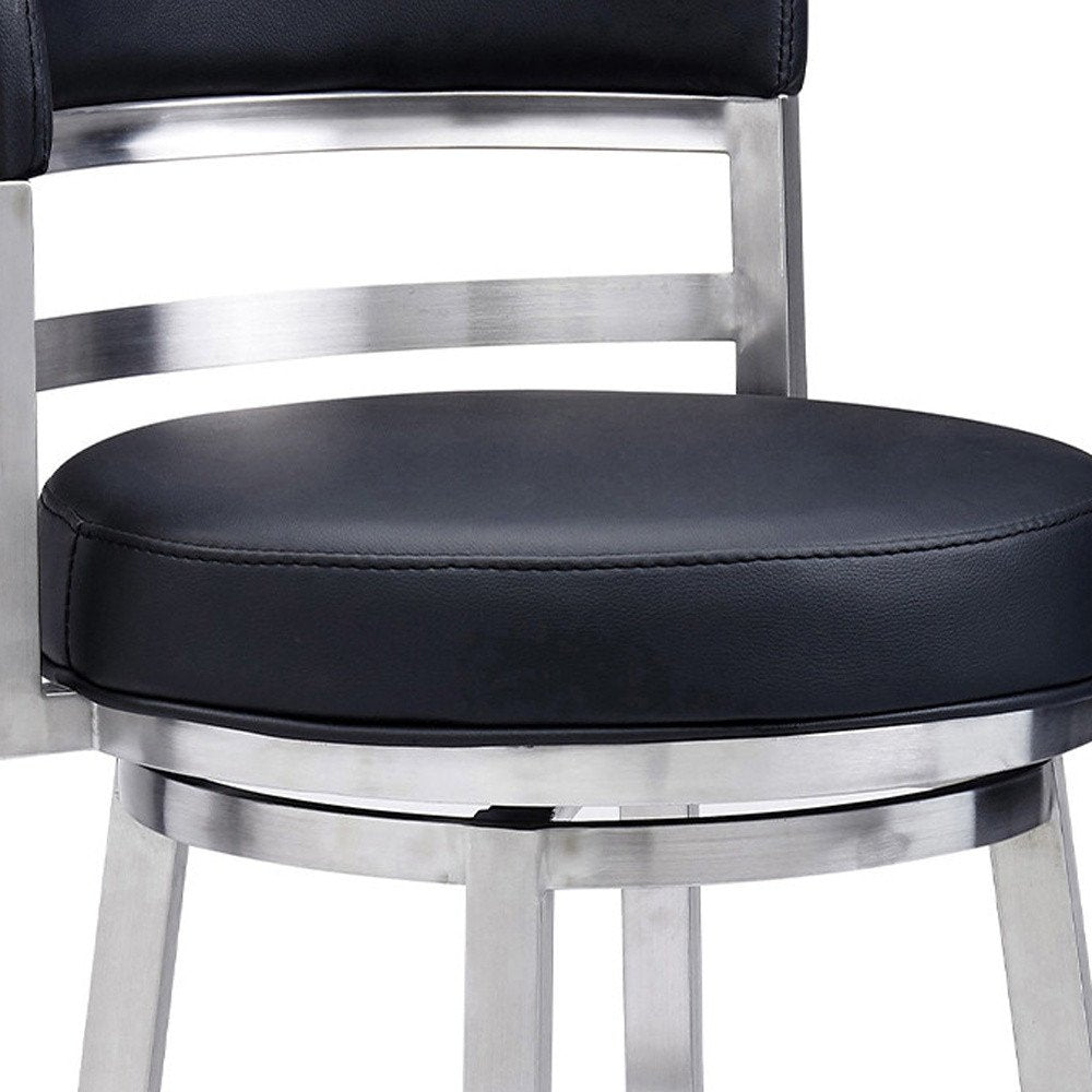 26" Black And Silver Faux Leather And Iron Low Back Counter Height Swivel Bar Chair