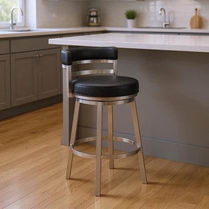 26" Black And Silver Faux Leather And Iron Swivel Low Back Counter Height Bar Chair