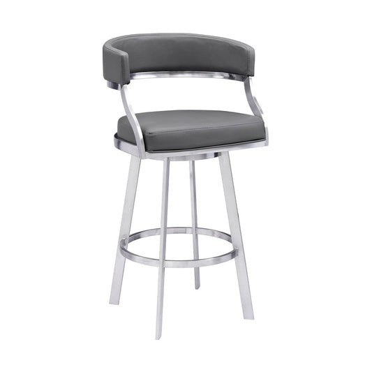 30" Gray And Silver Faux Leather And Faux Leather And Iron Low Back Bar Height Swivel Bar Chair