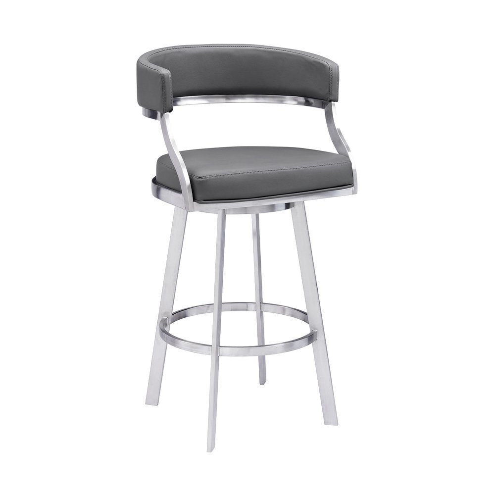 26" Gray And Silver Faux Leather And Faux Leather And Iron Low Back Counter Height Swivel Bar Chair