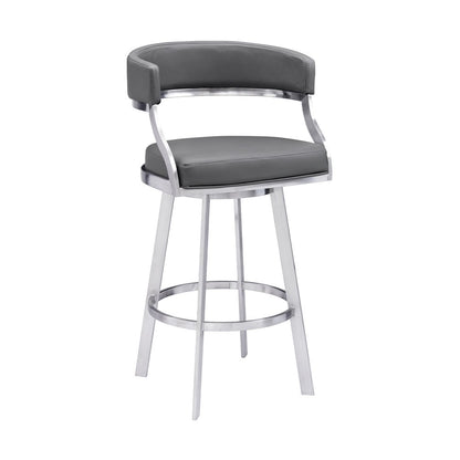 26" Gray And Silver Faux Leather And Faux Leather And Iron Low Back Counter Height Swivel Bar Chair