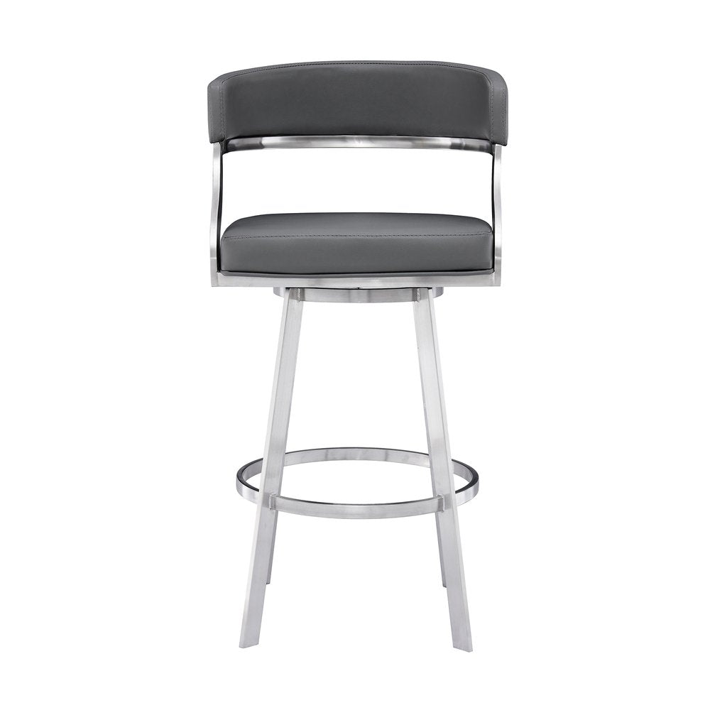 26" Gray And Silver Faux Leather And Faux Leather And Iron Low Back Counter Height Swivel Bar Chair