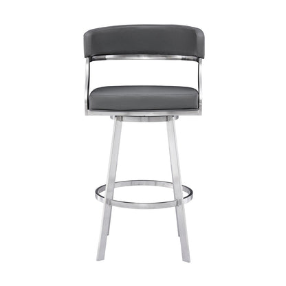 26" Gray And Silver Faux Leather And Faux Leather And Iron Low Back Counter Height Swivel Bar Chair
