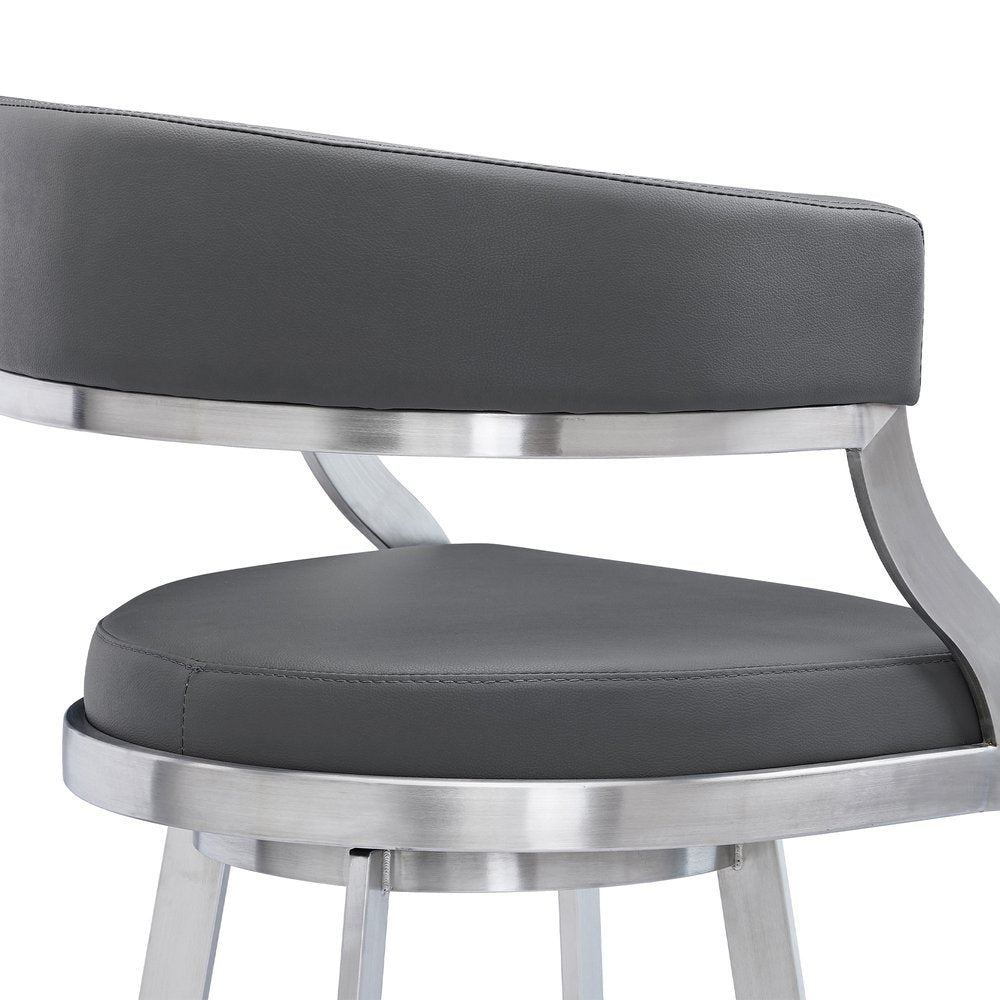 26" Gray And Silver Faux Leather And Faux Leather And Iron Low Back Counter Height Swivel Bar Chair