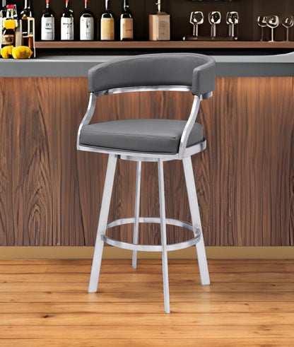 26" Gray and Silver Faux Leather and Iron Low Back Counter Height Swivel Bar Chair