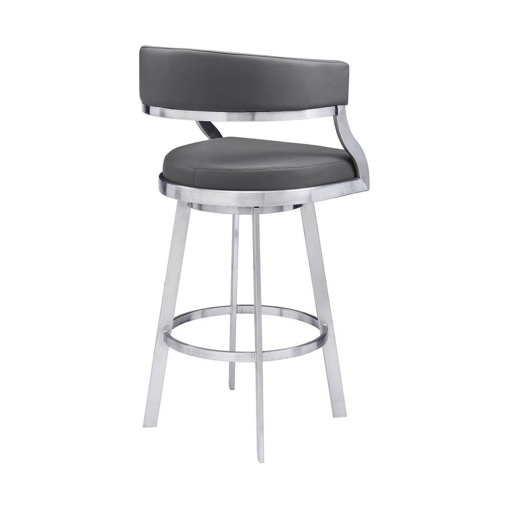 26" Gray And Silver Faux Leather And Faux Leather And Iron Low Back Counter Height Swivel Bar Chair
