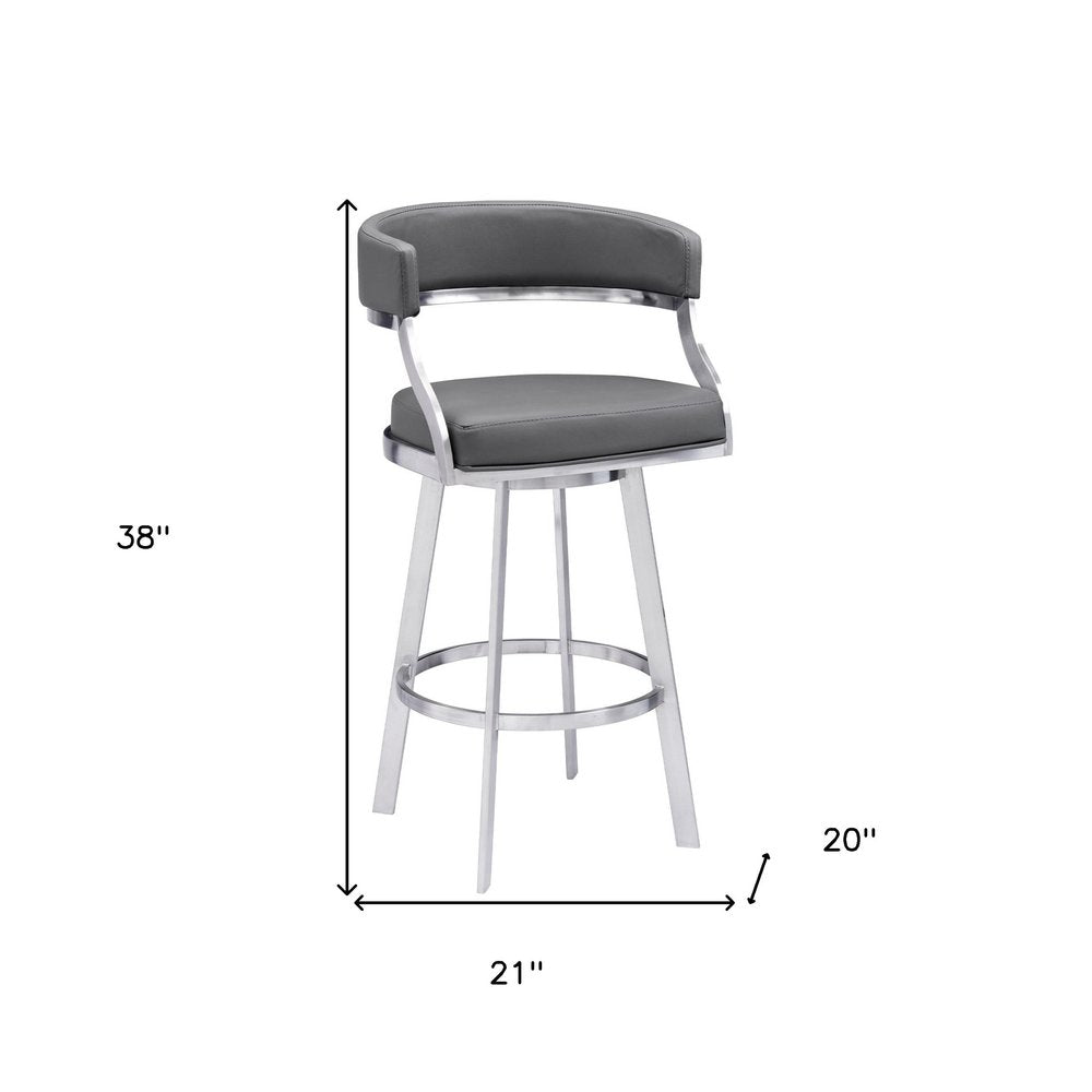 26" Gray And Silver Faux Leather And Faux Leather And Iron Low Back Counter Height Swivel Bar Chair