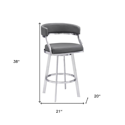 26" Gray And Silver Faux Leather And Faux Leather And Iron Low Back Counter Height Swivel Bar Chair