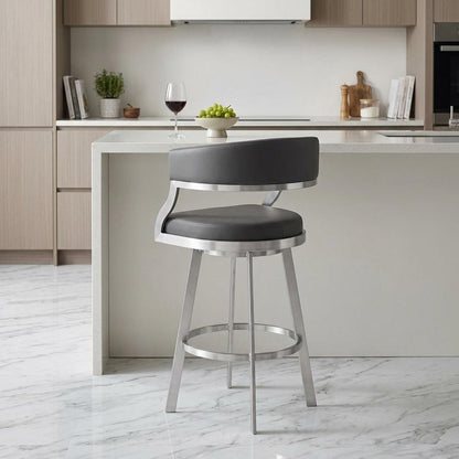 26" Gray And Silver Faux Leather And Faux Leather And Iron Low Back Counter Height Swivel Bar Chair