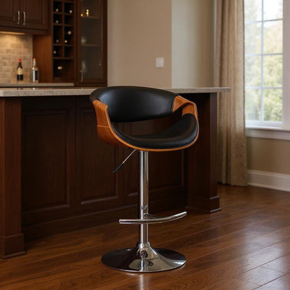 24" Black And Silver Solid Wood Swivel Low Back Adjustable Height Bar Chair