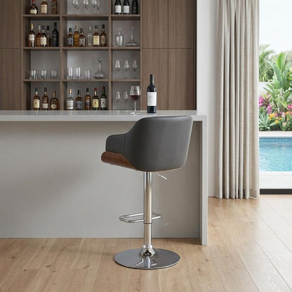 Gray and Silver Faux Leather and Iron Low Back Adjustable Height Swivel Bar Chair