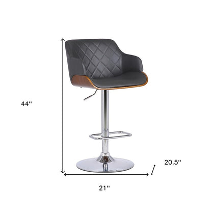 Gray And Silver Faux Leather And Fabric And Iron Low Back Adjustable Height Swivel Bar Chair