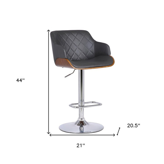Gray And Silver Faux Leather And Fabric And Iron Low Back Adjustable Height Swivel Bar Chair