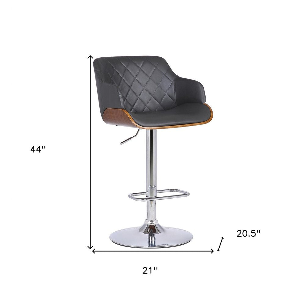 Gray And Silver Faux Leather And Fabric And Iron Low Back Adjustable Height Swivel Bar Chair