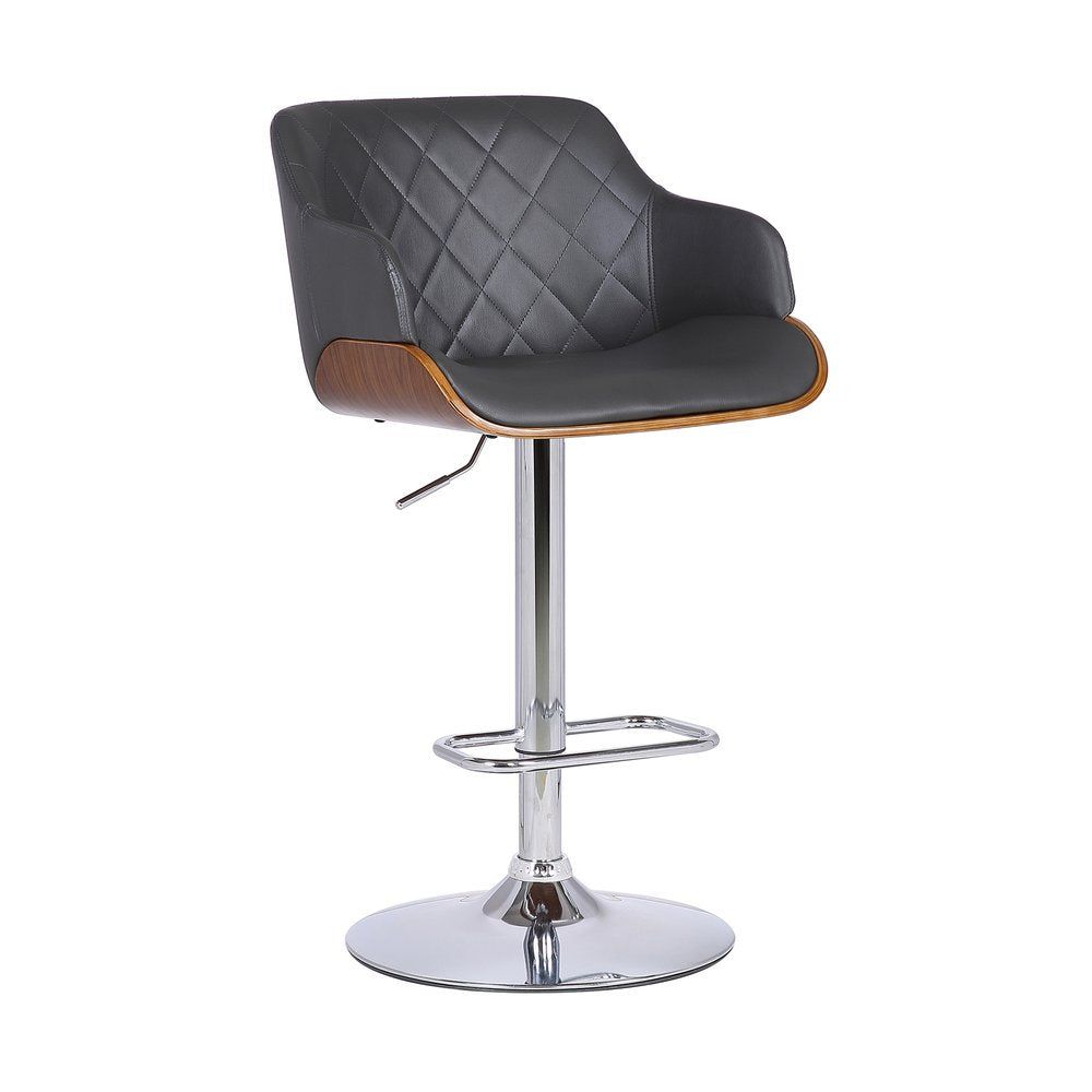 Gray And Silver Faux Leather And Fabric And Iron Low Back Adjustable Height Swivel Bar Chair