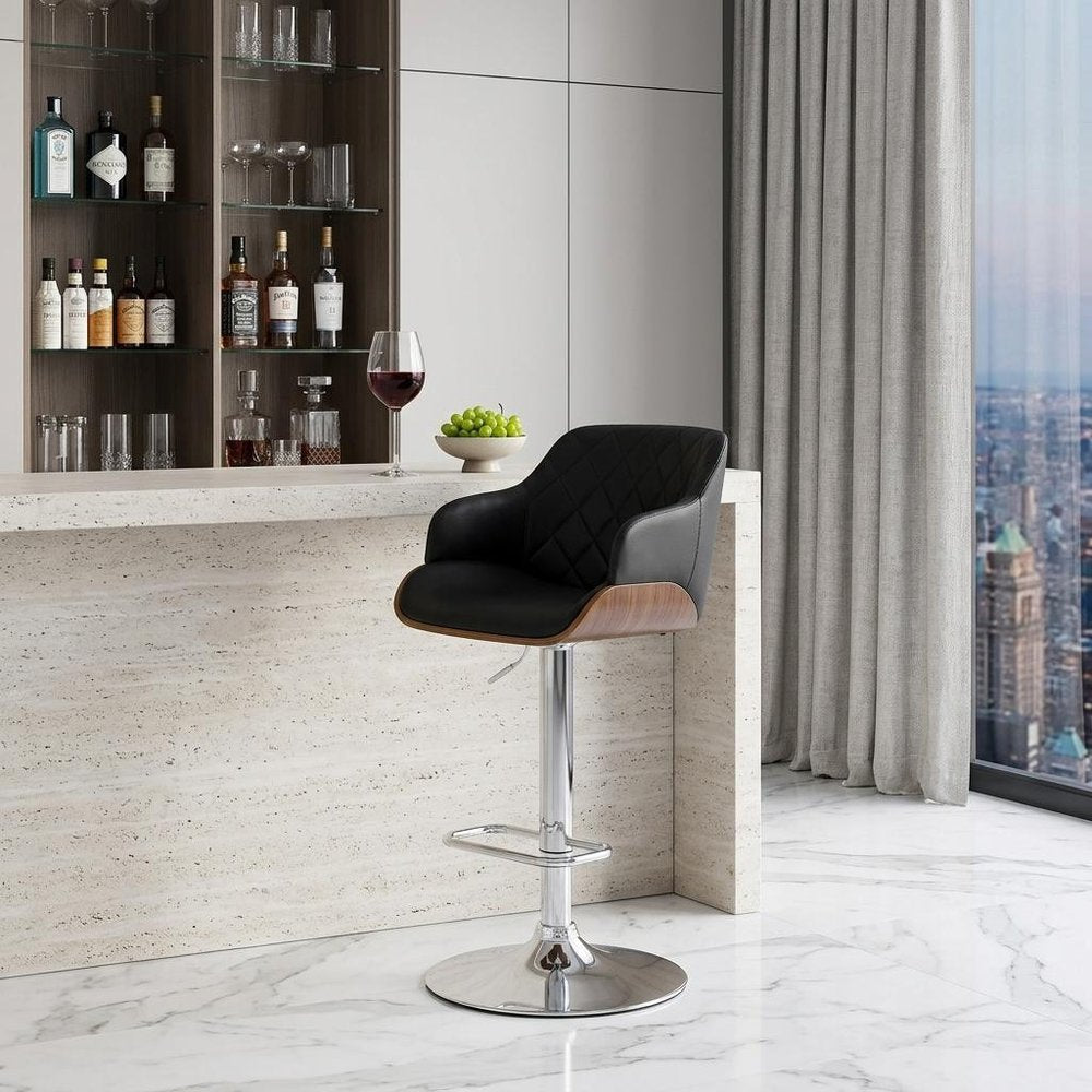 25" Black And Silver Faux Leather And Iron Swivel Low Back Adjustable Height Bar Chair