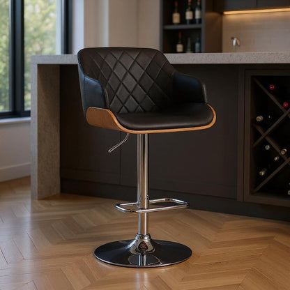 25" Black And Silver Faux Leather And Iron Swivel Low Back Adjustable Height Bar Chair