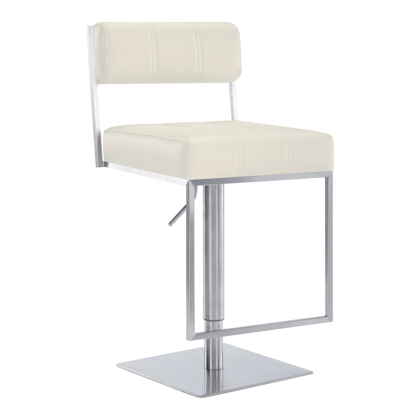 25" White And Silver Faux Leather And Iron Swivel Low Back Adjustable Height Bar Chair