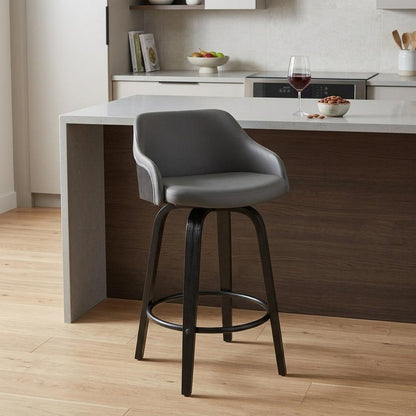 26" Gray And Black Iron Swivel Low Back Counter Height Bar Chair