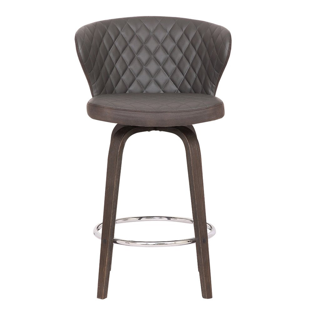 30" Brown Faux Leather And Fabric And Iron Low Back Bar Height Swivel Bar Chair
