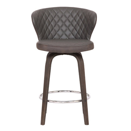 30" Brown Faux Leather And Fabric And Iron Low Back Bar Height Swivel Bar Chair