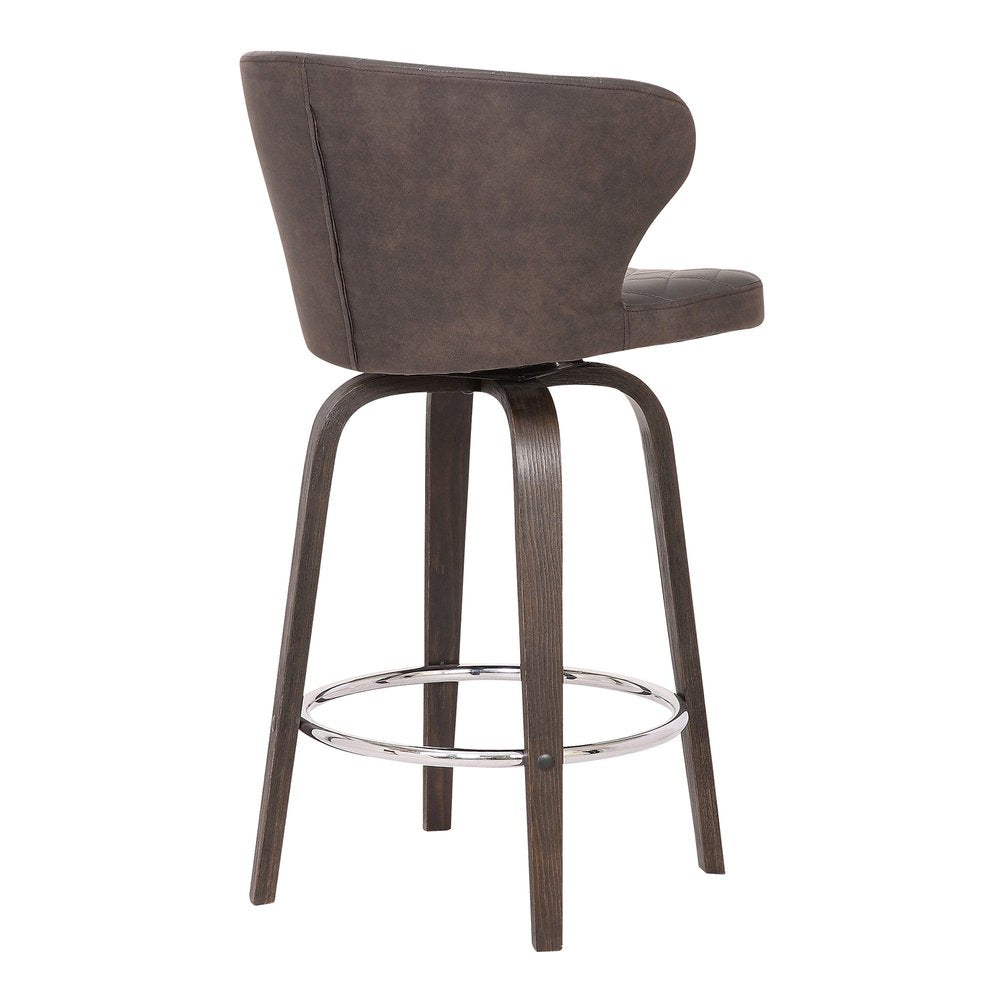 30" Brown Faux Leather And Fabric And Iron Low Back Bar Height Swivel Bar Chair