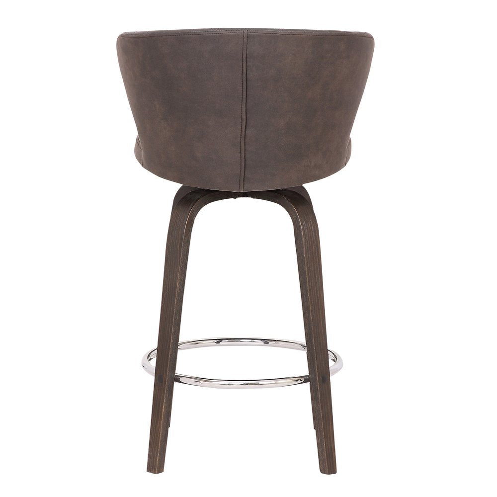 30" Brown Faux Leather And Fabric And Iron Low Back Bar Height Swivel Bar Chair