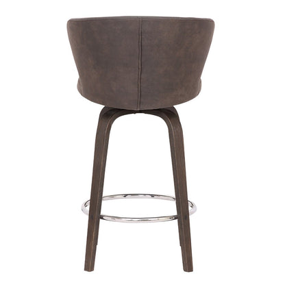 30" Brown Faux Leather And Fabric And Iron Low Back Bar Height Swivel Bar Chair