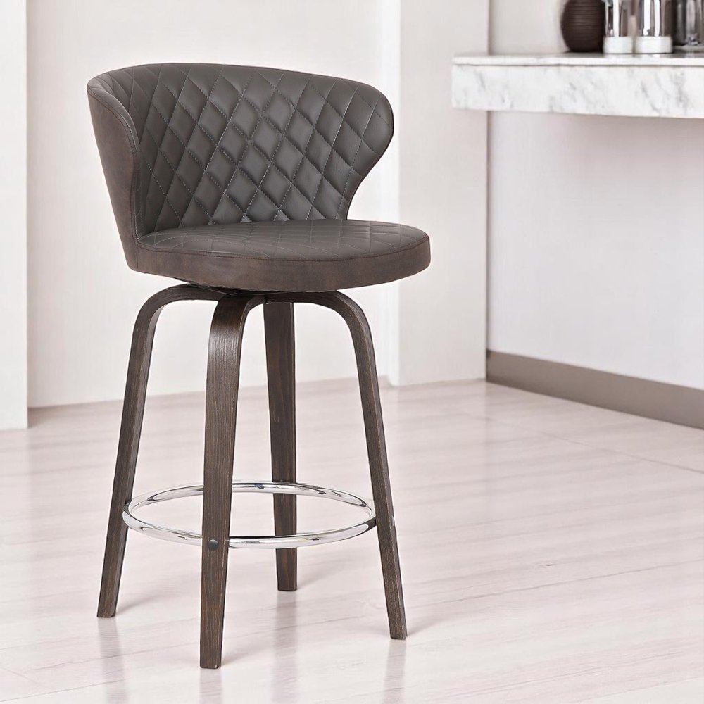 30" Brown Faux Leather And Fabric And Iron Low Back Bar Height Swivel Bar Chair
