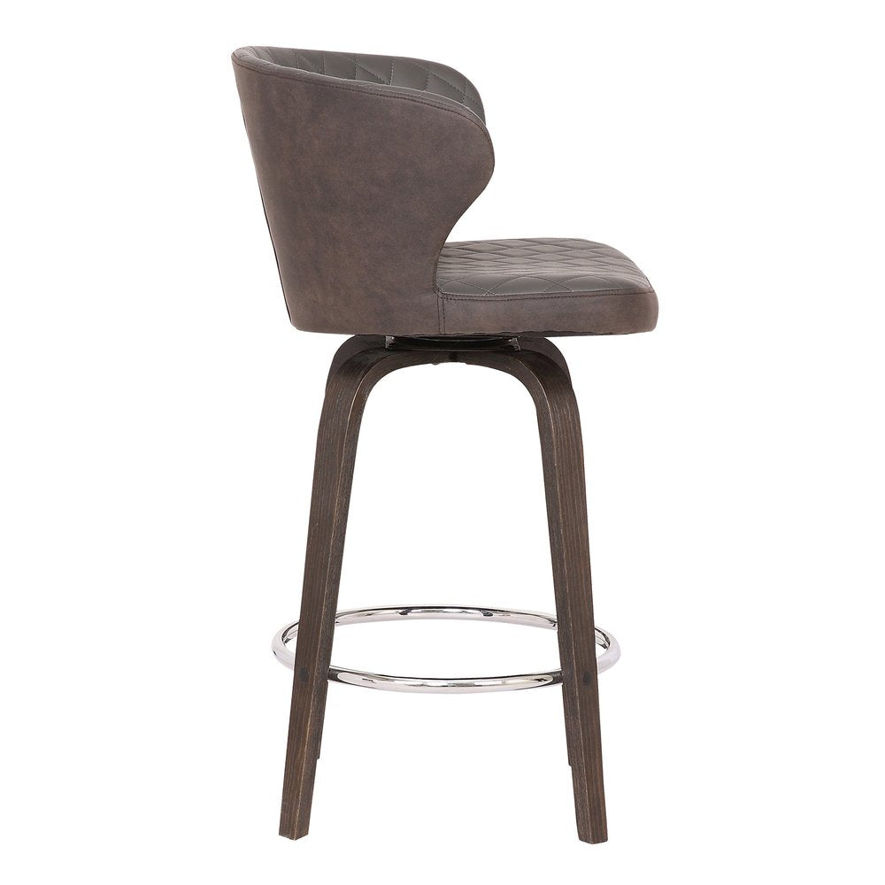 30" Brown Faux Leather And Fabric And Iron Low Back Bar Height Swivel Bar Chair