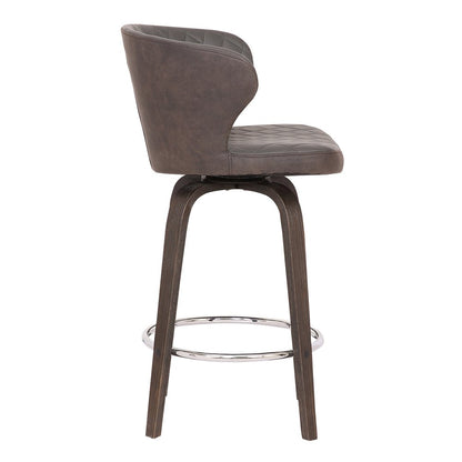 30" Brown Faux Leather And Fabric And Iron Low Back Bar Height Swivel Bar Chair