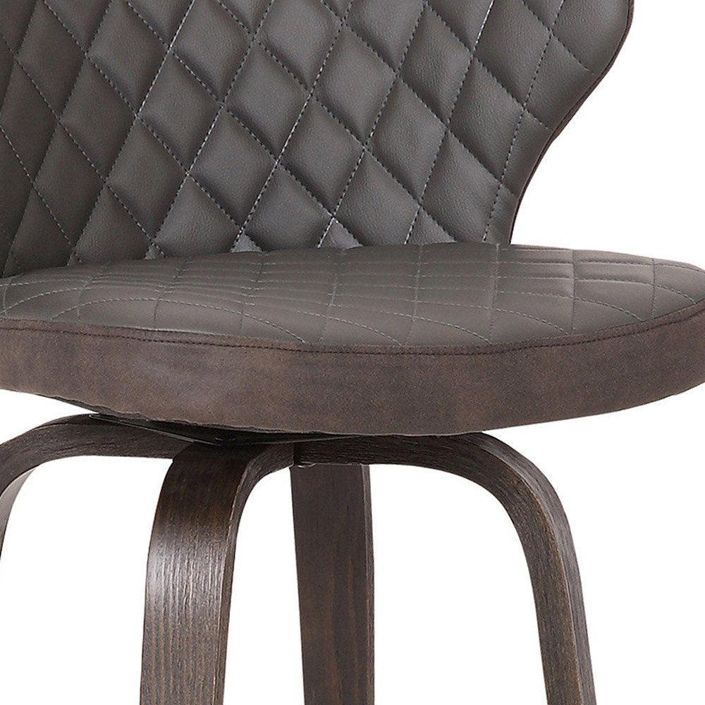 30" Brown Faux Leather And Fabric And Iron Low Back Bar Height Swivel Bar Chair