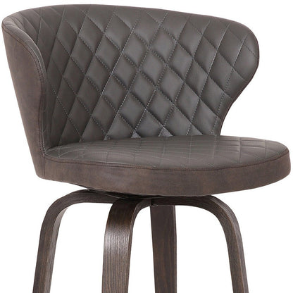 30" Brown Faux Leather And Fabric And Iron Low Back Bar Height Swivel Bar Chair