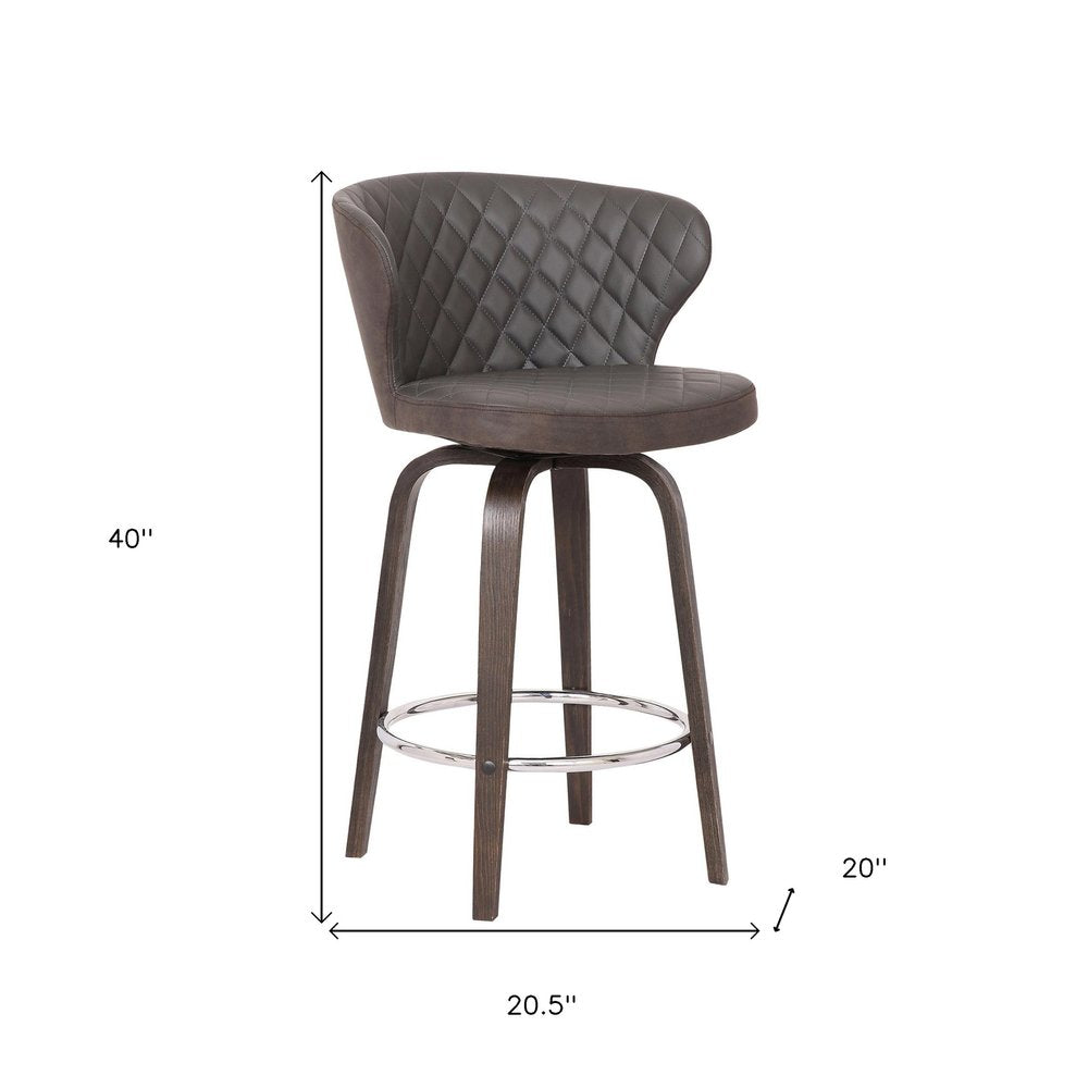 30" Brown Faux Leather And Fabric And Iron Low Back Bar Height Swivel Bar Chair
