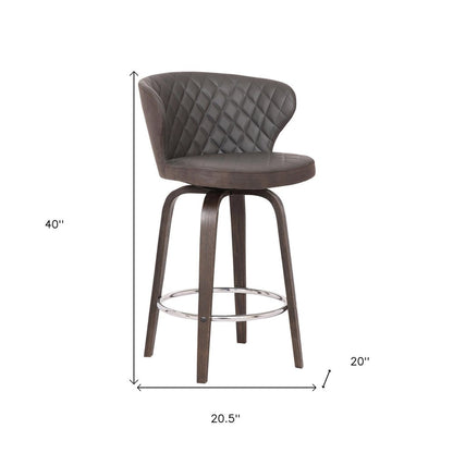 30" Brown Faux Leather And Fabric And Iron Low Back Bar Height Swivel Bar Chair