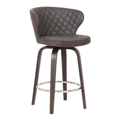 30" Brown Faux Leather And Fabric And Iron Low Back Bar Height Swivel Bar Chair