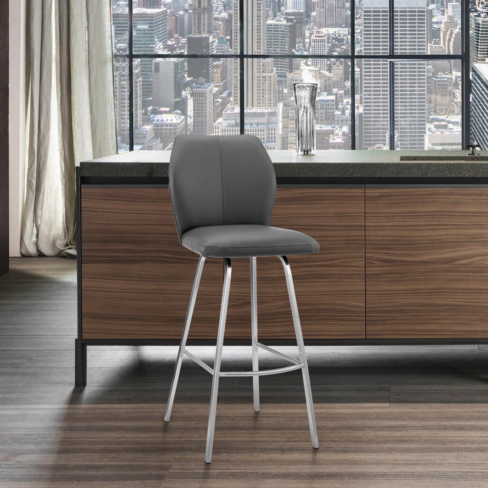 26" Gray And Silver Fabric And Iron Counter Height Bar Chair
