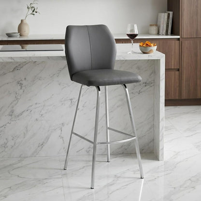 26" Gray And Silver Faux Leather And Iron Counter Height Bar Chair