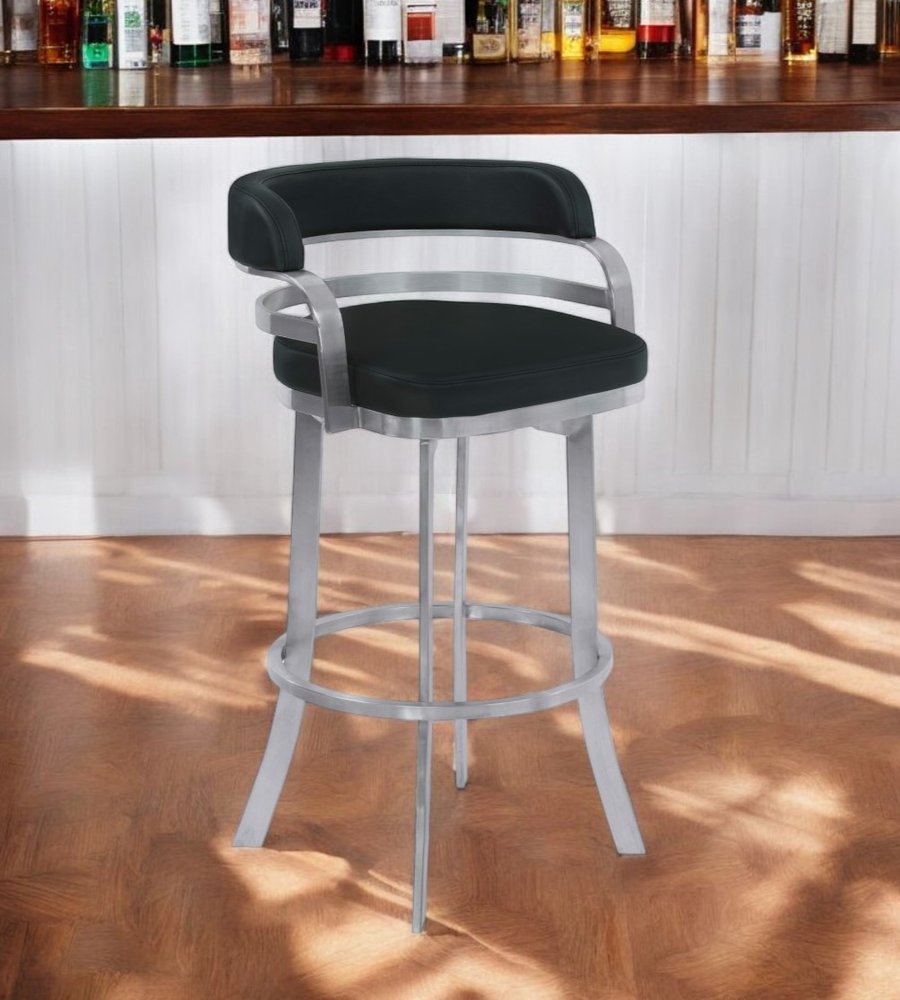 26" Black and Silver Faux Leather and Iron Low Back Counter Height Swivel Bar Chair