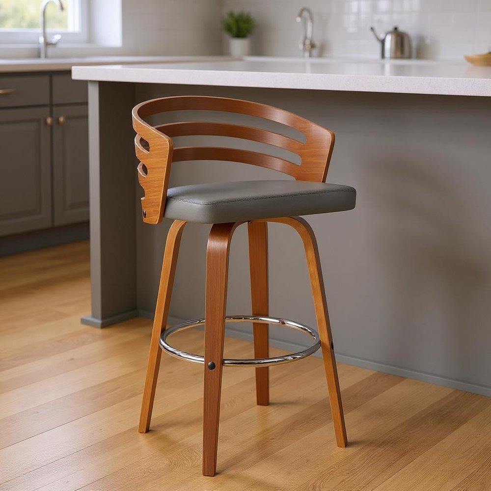 26" Gray And Brown Iron Swivel Low Back Counter Height Bar Chair