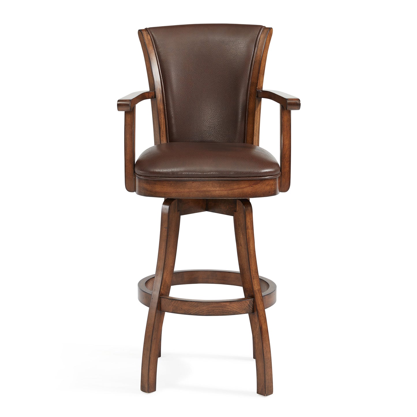 30" Brown And Chestnut Faux Leather And Solid Wood Swivel Bar Height Bar Chair