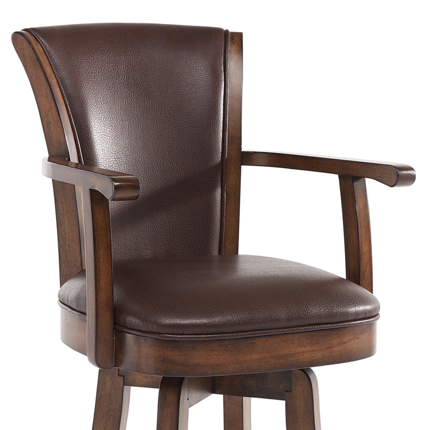 30" Brown And Chestnut Faux Leather And Solid Wood Swivel Bar Height Bar Chair