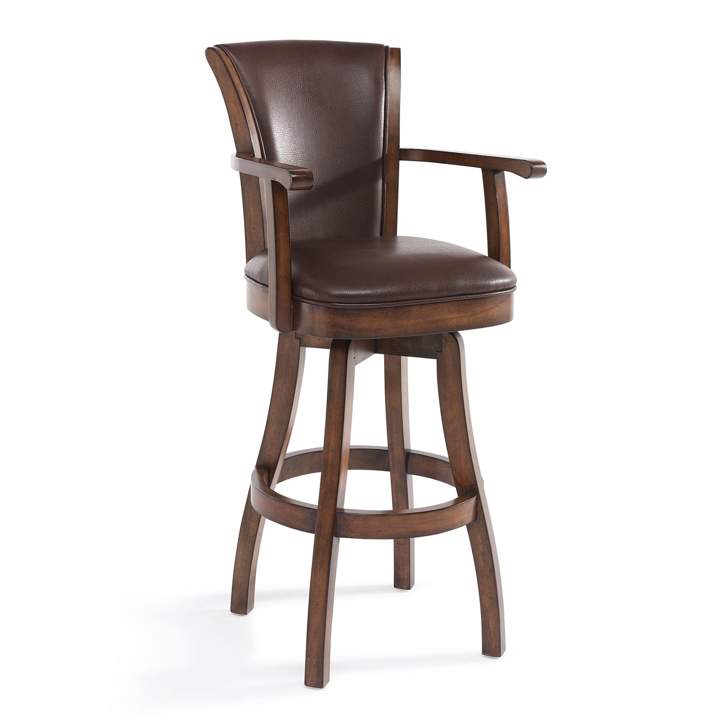 30" Brown And Chestnut Faux Leather And Solid Wood Swivel Bar Height Bar Chair