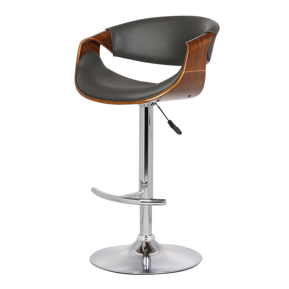 Gray And Silver Fabric And Solid Wood Low Back Adjustable Height Swivel Bar Chair