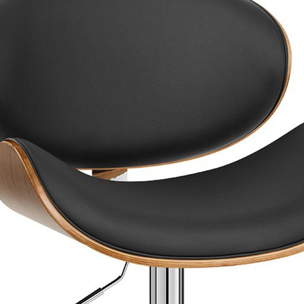 Black And Silver Faux Leather And Fabric And Solid Wood Low Back Adjustable Height Swivel Bar Chair
