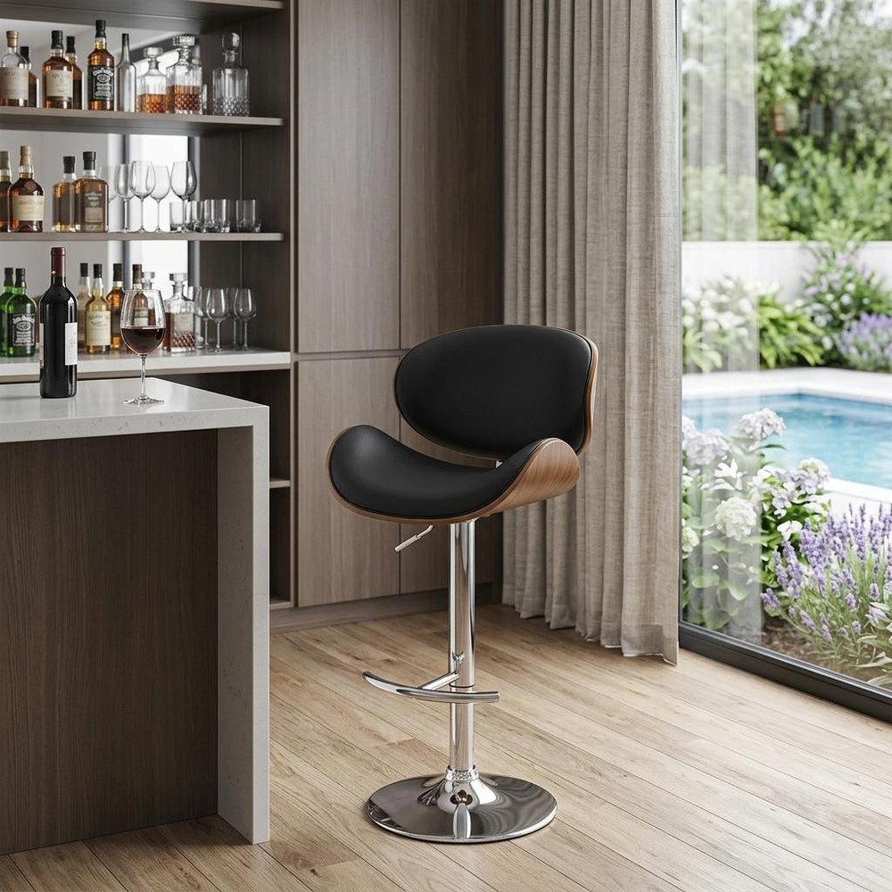 Black And Silver Faux Leather And Fabric And Solid Wood Low Back Adjustable Height Swivel Bar Chair