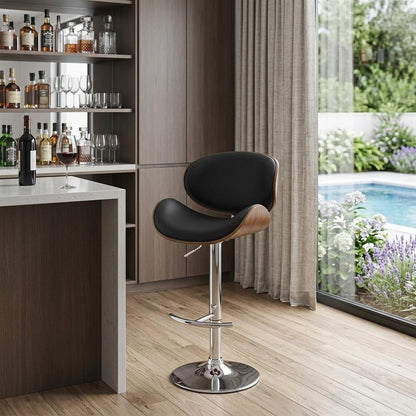 Black And Silver Faux Leather And Fabric And Solid Wood Low Back Adjustable Height Swivel Bar Chair