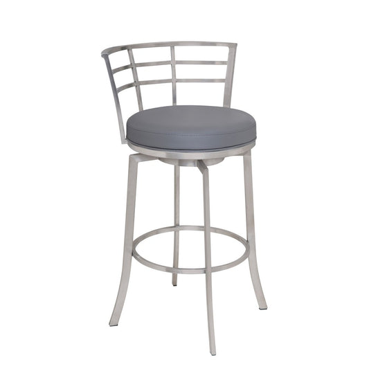 26" Gray And Silver Faux Leather And Fabric And Iron Low Back Counter Height Swivel Bar Chair