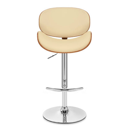 Cream and Silver Faux Leather and Solid Wood Low Back Adjustable Height Swivel Bar Chair